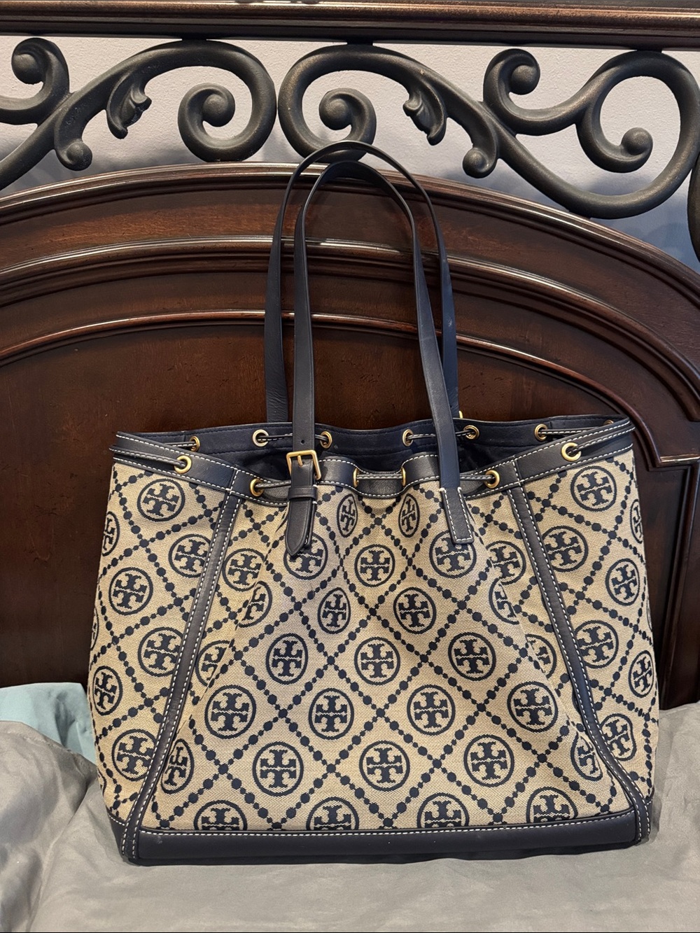 Tory Burch Navy and Beige Logo Canvas Drawstring Tote with Leather Trim - Picture 3 of 11